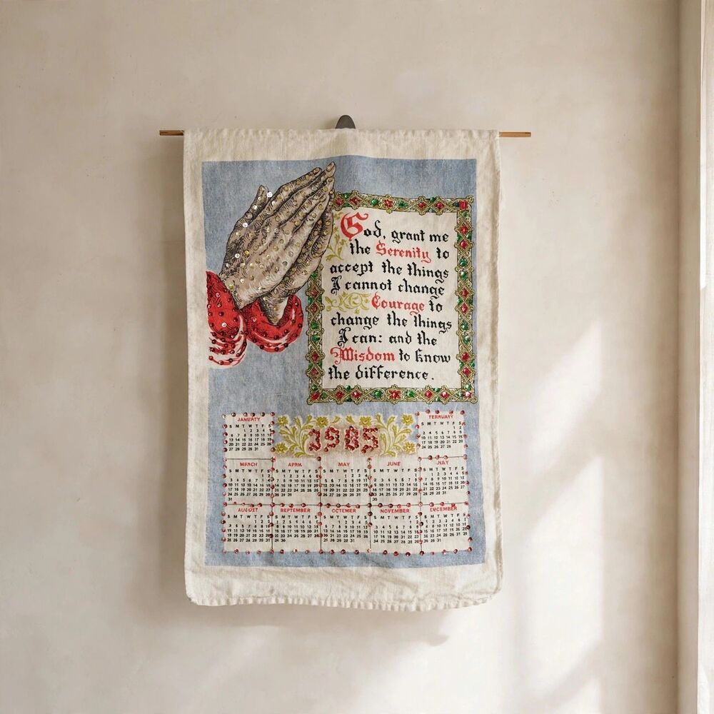 1985 Calendar Towel Serenity Prayer Praying Hands Bedazzled Jeweled Linen VTG
